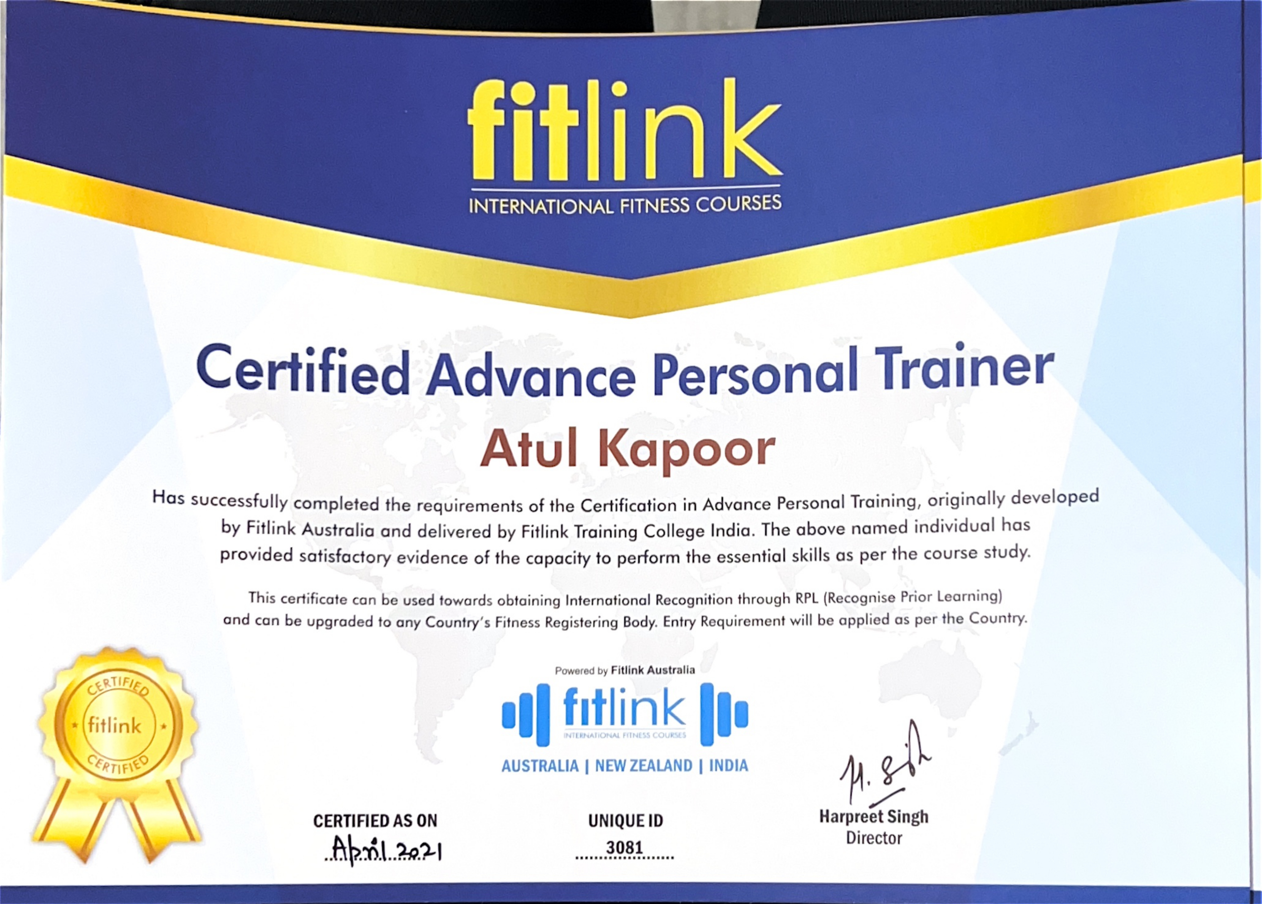Fitlink Certified Advance Personal Trainer